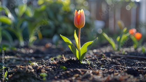 tulips in spring, A newly planted tulip in a naturally lit garden.