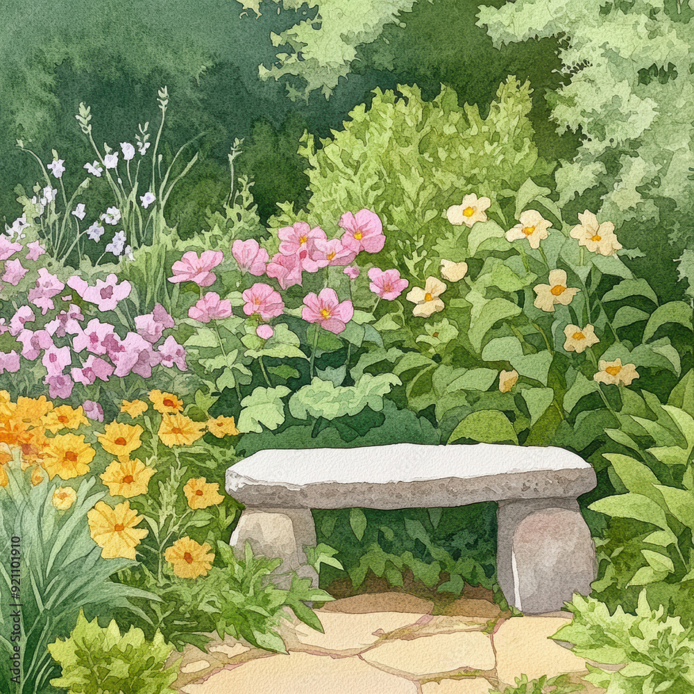 Fototapeta premium A serene garden scene featuring colorful flowers and a rustic stone bench, perfect for relaxation and inspiration in nature. watercolor Style