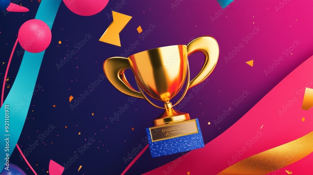 Gold medal and trophy with abstract shapes and vibrant colors Gold medal and trophy with abstract shapes and vibrant colors