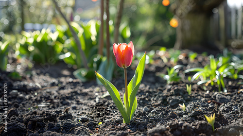 flowers in spring, A newly planted tulip in a naturally lit garden.