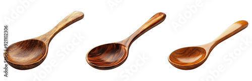 Wooden spoons set isolated on transparent background, rustic kitchen utensils photo