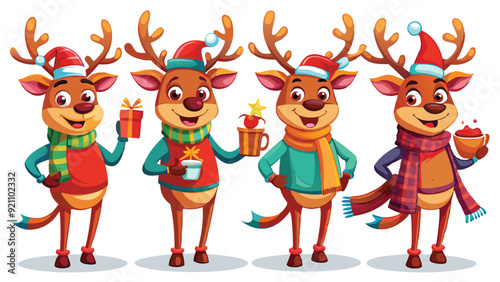 Christmas reindeer characters vector set design. Reindeer Christmas cute character in jumping, holding gift box, standing, coffee and wearing hat & scarf collection isolated in white background. Gener