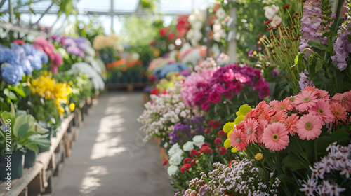 flowers in the garden, A bouquet in a greenhouse, floral design store, Multicolored flowers and blooming plants within a garden center.