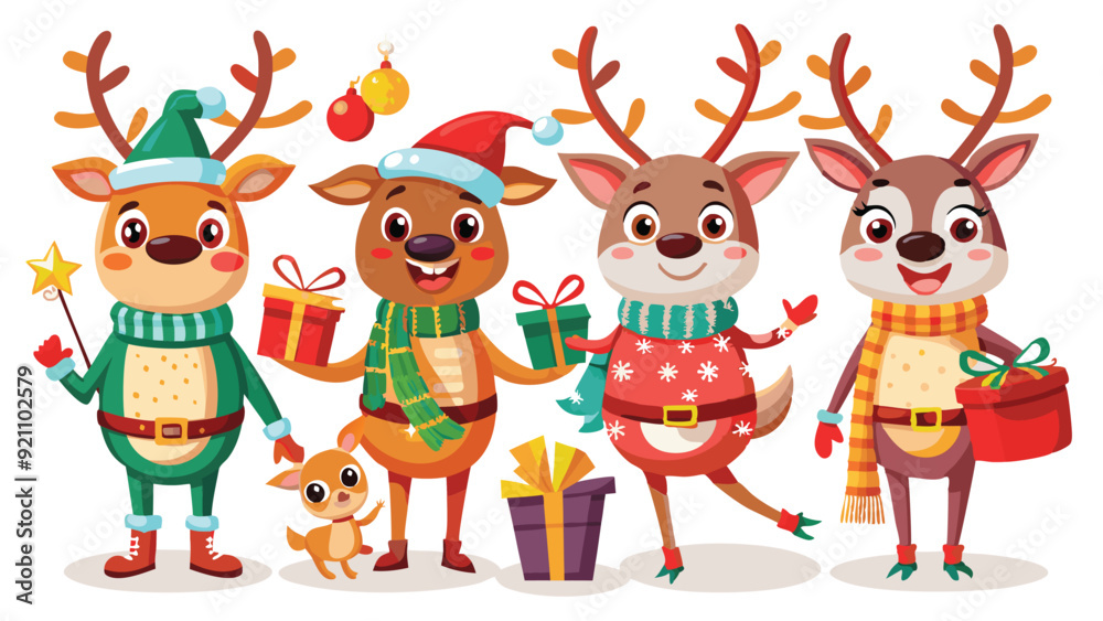Fototapeta premium Christmas reindeer characters vector set design. Reindeer Christmas cute character in jumping, holding gift box, standing, coffee and wearing hat & scarf collection isolated in white background. Gener