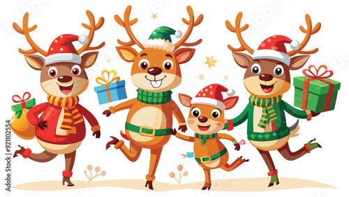 Christmas reindeer characters vector set design. Reindeer Christmas cute character in jumping, holding gift box, standing, coffee and wearing hat & scarf collection isolated in white background. Gener
