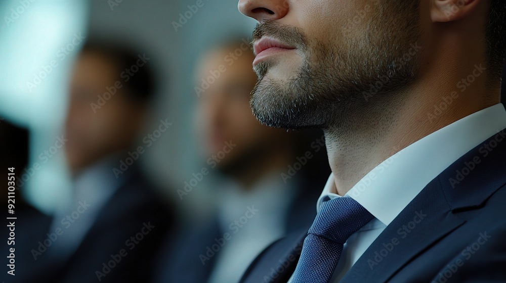 The Weight of Expectation: Close-up of a businessman's stoic profile during a corporate meeting, conveying the pressure and anticipation of the business world. The Weight of Expectation: Close-up of a businessman's stoic profile during a corporate meeting, conveying the pressure and anticipation of the business world.