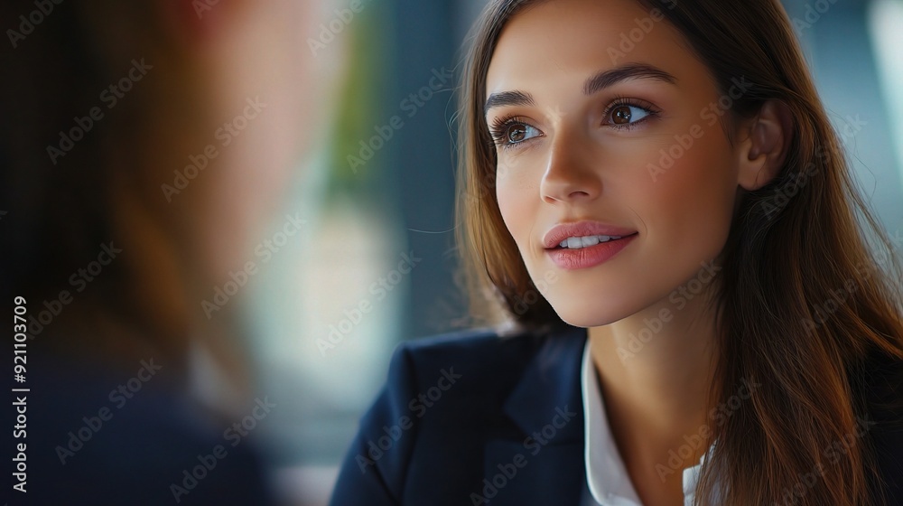 Obraz premium Confident Connection: Businesswoman engaged in conversation, radiating confidence and professionalism. 