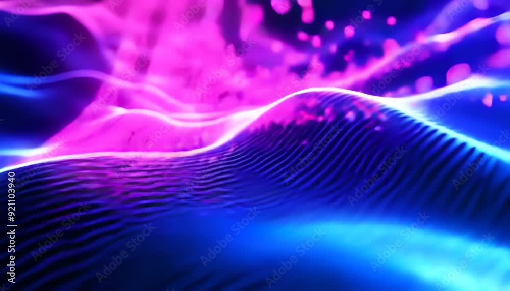 Abstract technology background with a blue and pink gradient of waving dots in the style of a vector illustration design, vector art, dark and detailed background, minimalistic, high resolution