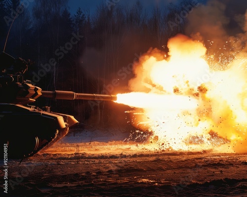 A tank at the moment of firing a projectile with the cannon. Representing war and destruction