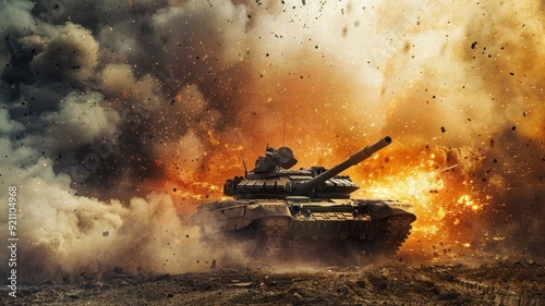 A tank at the moment of firing a projectile with the cannon. Representing war and destruction