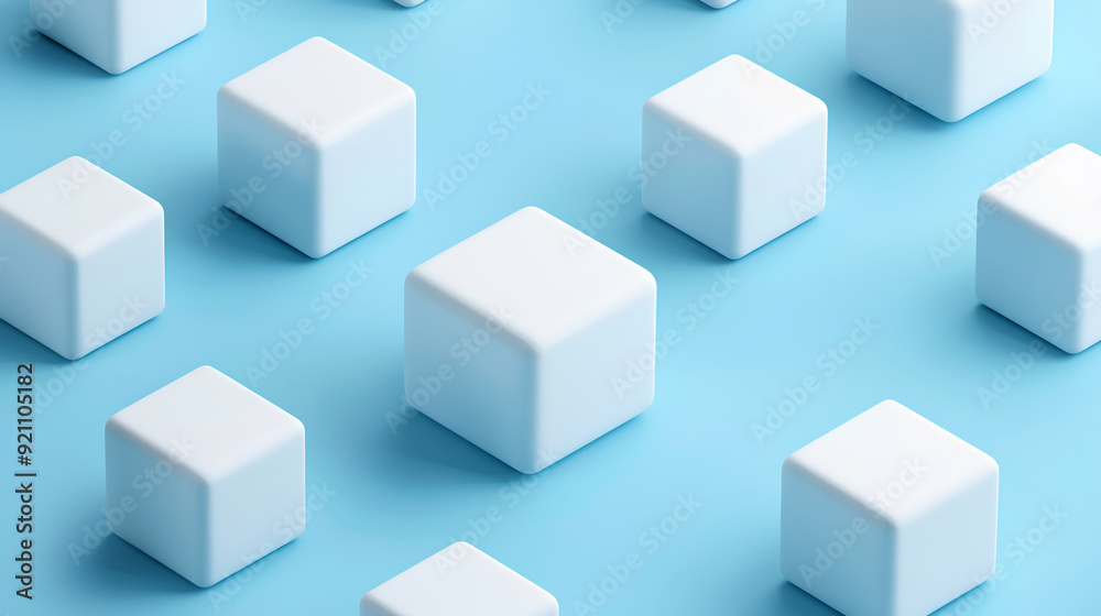 White cubes are symmetrically arranged against a blue background, creating a balanced and minimalist geometric pattern with a soft, soothing color palette - Generative AI White cubes are symmetrically arranged against a blue background, creating a balanced and minimalist geometric pattern with a soft, soothing color palette - Generative AI