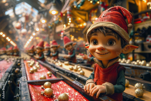 Lively elves joyfully craft toys and decorate ornaments on bustling conveyor belts in enchanting workshop or factory of Santa. Christmas and winter holiday concept