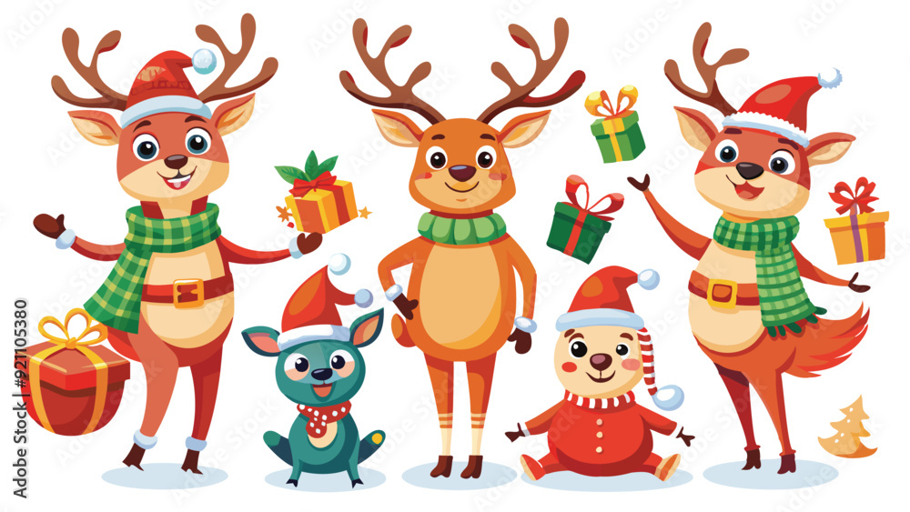 Christmas reindeer characters vector set design. Reindeer Christmas cute character in jumping, holding gift box, standing, coffee and wearing hat & scarf collection isolated in white background. Gener Christmas reindeer characters vector set design. Reindeer Christmas cute character in jumping, holding gift box, standing, coffee and wearing hat & scarf collection isolated in white background. Gener