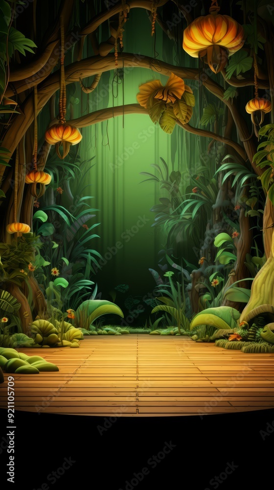 Obraz premium Wooden platform in the middle of a lush jungle, with large orange flowers hanging from the trees.