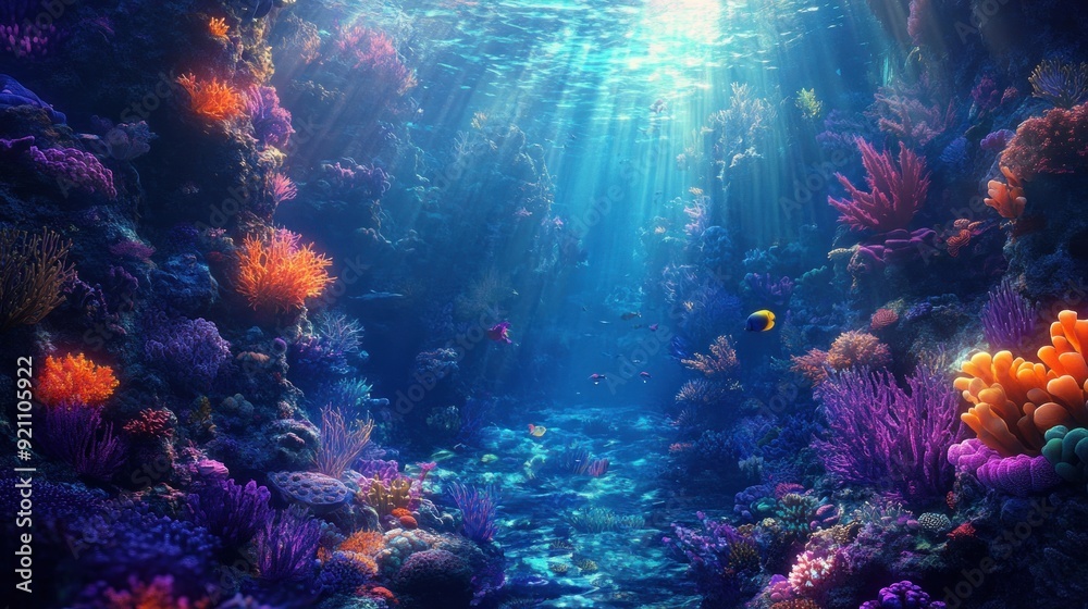 Underwater Scene with Sunbeams Illuminating Vibrant Coral Reef Underwater Scene with Sunbeams Illuminating Vibrant Coral Reef