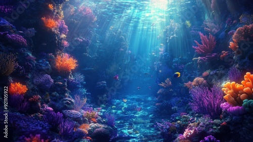 Underwater Scene with Sunbeams Illuminating Vibrant Coral Reef