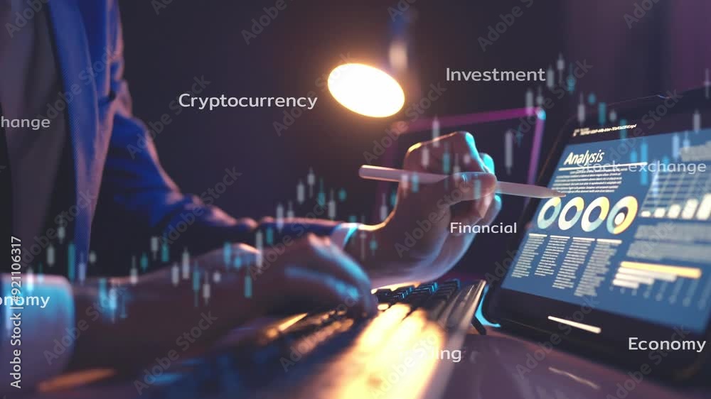 Stock exchange market forex trading graph finance investment . Economy trends for business, financial charts and digits. Businessman trading typing on keyboard