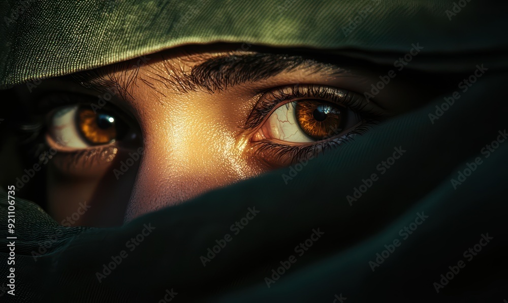 Close-up of Intense Eyes with Green Fabric Covering Portrait
