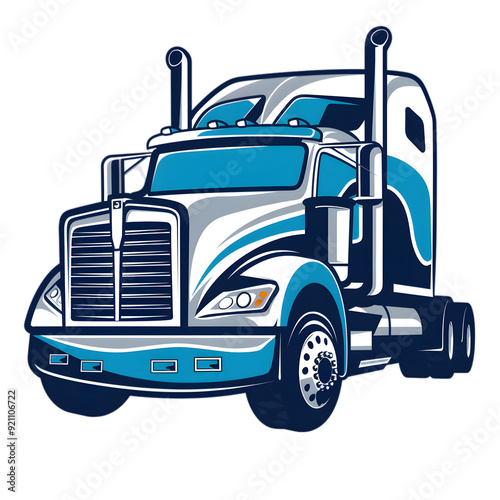 A blue and white cartoon semi-truck with chrome accents. photo