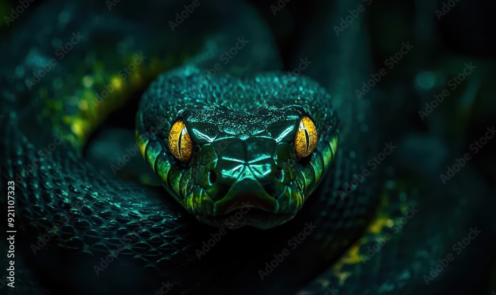 Fototapeta premium Close-Up of Green Snake with Intense Yellow Eyes in Dark Environment