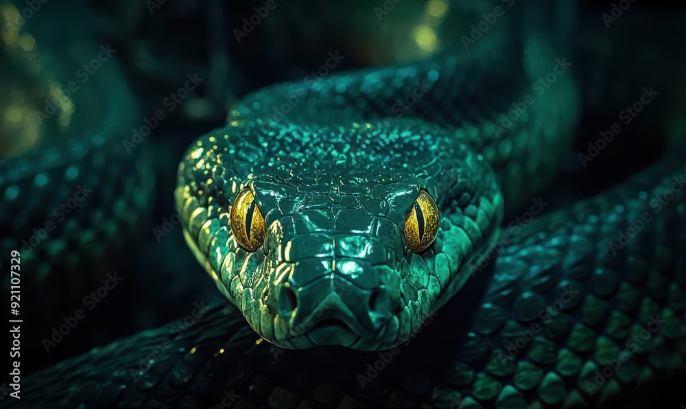 Fototapeta premium Close-up of Green Snake with Intense Yellow Eyes and Glowing Scales