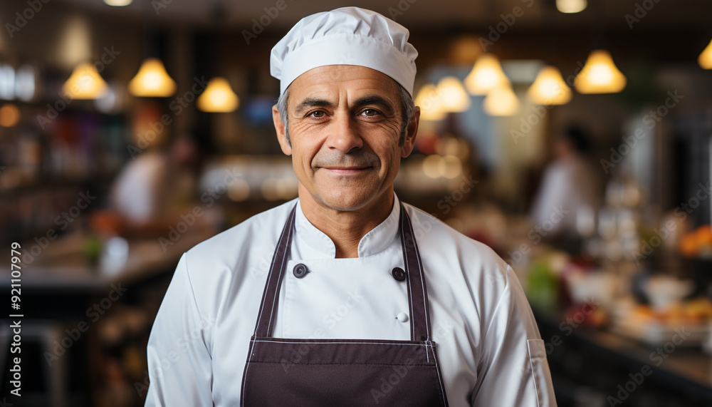 Smiling chef, proud owner, serving joy in coffee shop generated by AI Smiling chef, proud owner, serving joy in coffee shop generated by AI