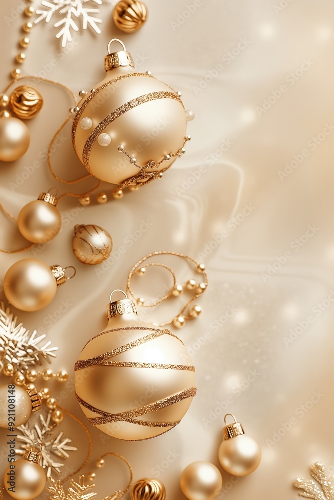 Golden Christmas decoration background featuring baubles and snowflakes, top view Golden Christmas decoration background featuring baubles and snowflakes, top view