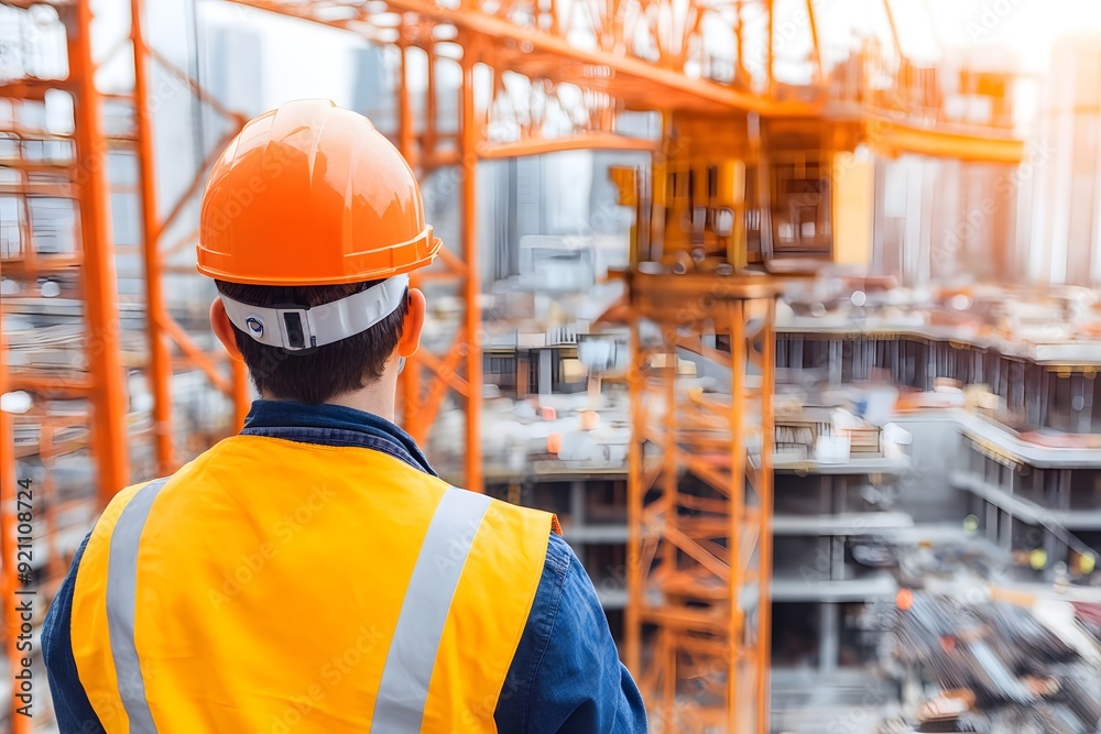 A construction worker wearing a hard hat and wearing personal protective equipment. A construction worker wearing a hard hat and wearing personal protective equipment.