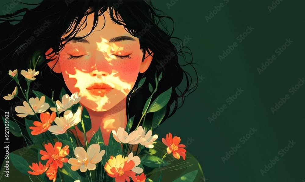Dreamy Woman with Flowers and Sunlight on Green Background Dreamy Woman with Flowers and Sunlight on Green Background