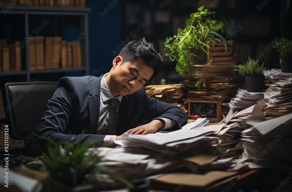 A tired Asian businessman sleeping at his desk with papers and laptop A tired Asian businessman sleeping at his desk with papers and laptop