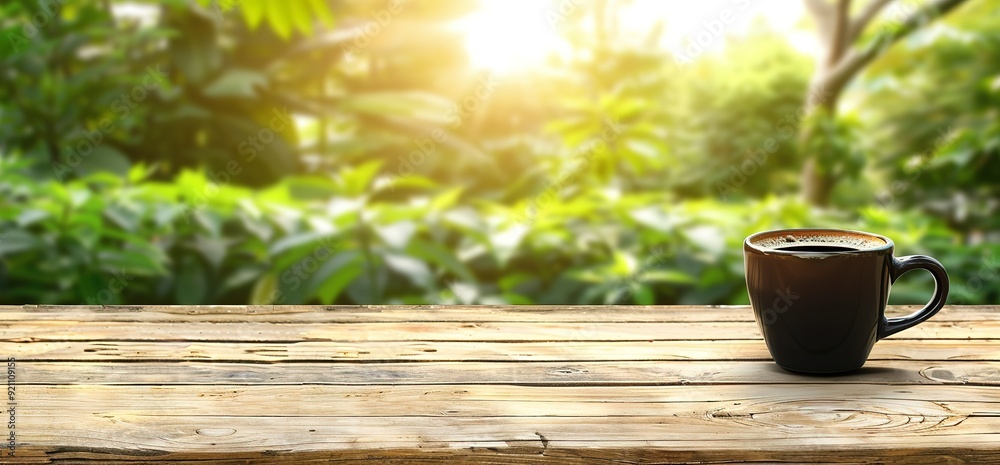 A cup of coffee sits on a wooden table, with a lush green forest and sunlight in the background. Perfect for a relaxing morning. A cup of coffee sits on a wooden table, with a lush green forest and sunlight in the background. Perfect for a relaxing morning.