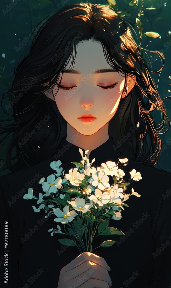 Ethereal Woman with White Flowers in Dark Background Ethereal Woman with White Flowers in Dark Background