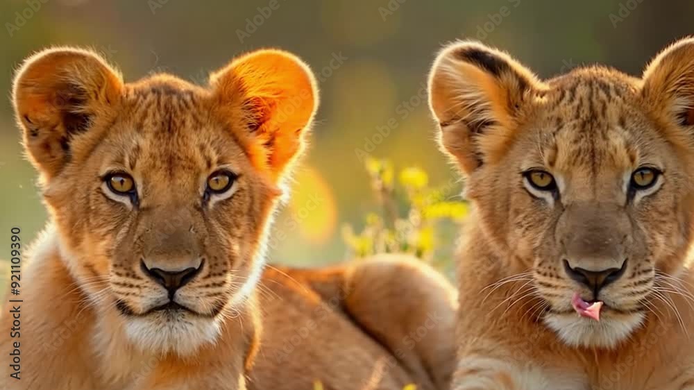 In the verdant African Savannah, a young lion and a lioness rest in the shade. In the verdant African Savannah, a young lion and a lioness rest in the shade.
