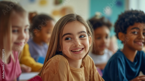 Smiling Teenage Girl in Classroom Wearing Headphones During Study Session