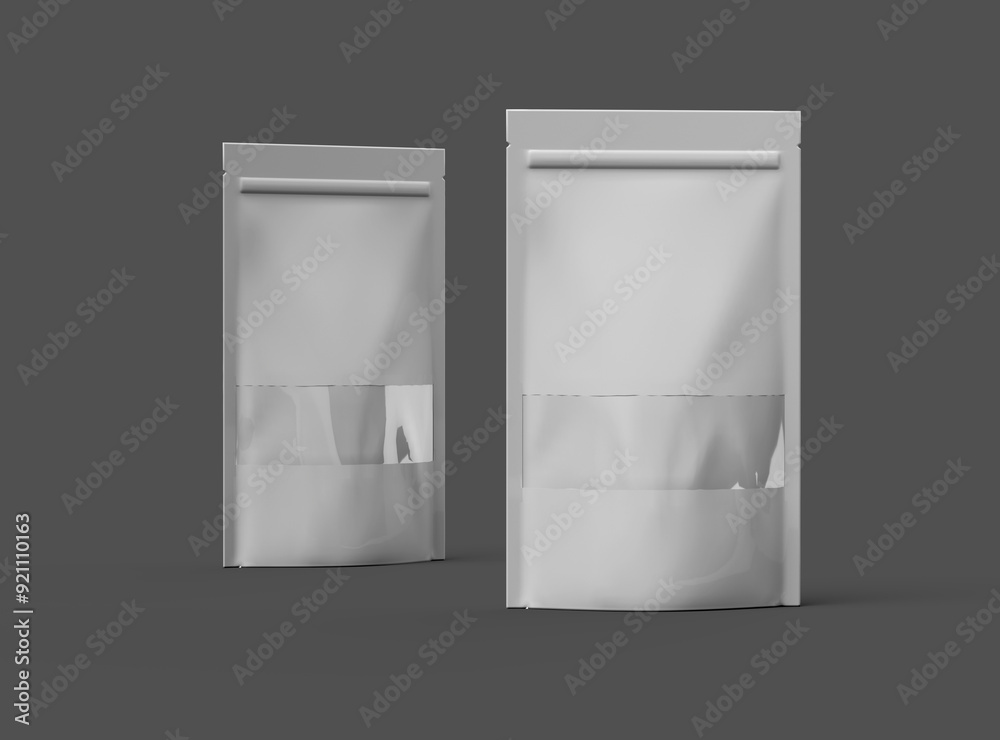 Render of a long glossy doypack with the window hole on a dark background Render of a long glossy doypack with the window hole on a dark background