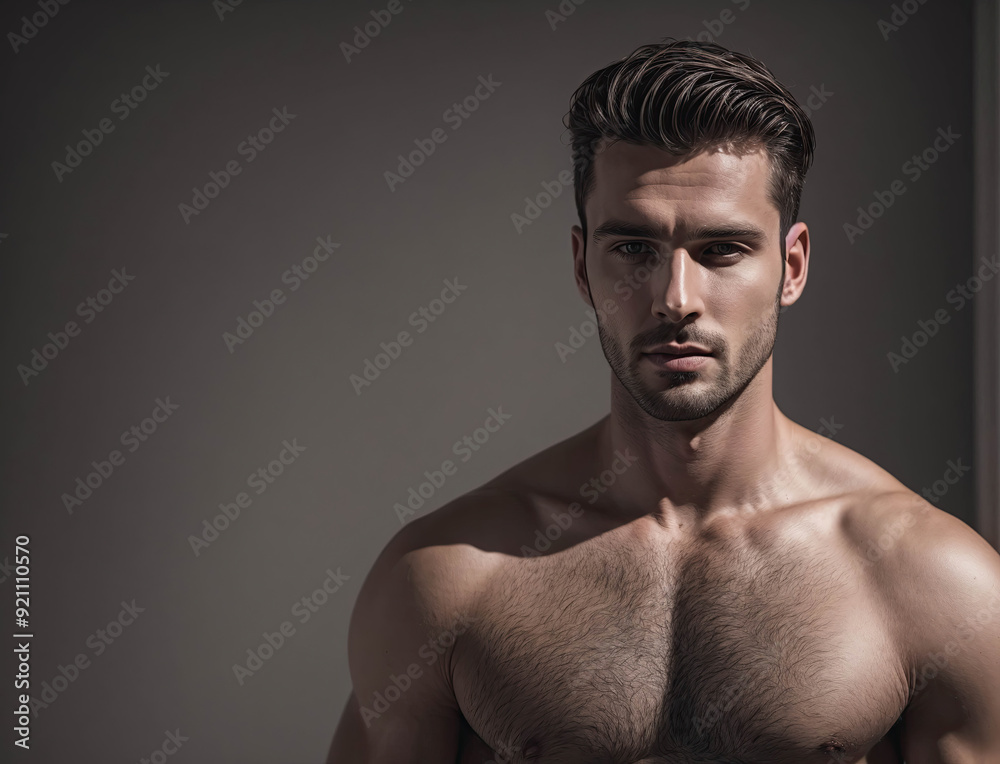 Fototapeta premium A man with a shaved head and a beard stands in front of a wall