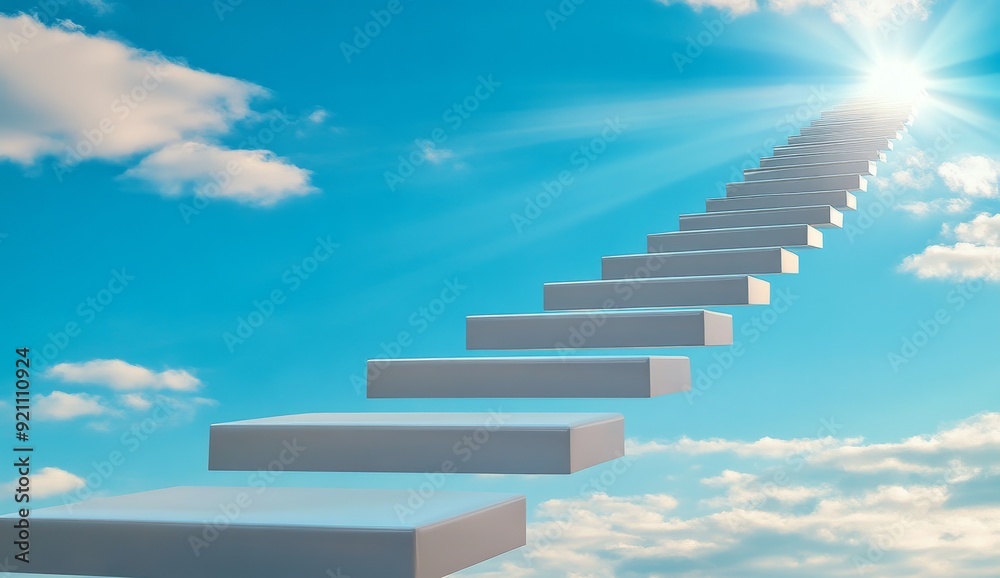 Stairs leading to the sky with clouds and rays of light Stairs leading to the sky with clouds and rays of light