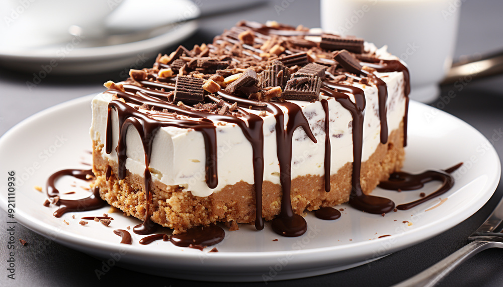 A decadent slice of homemade chocolate cake on a plate generated by AI A decadent slice of homemade chocolate cake on a plate generated by AI