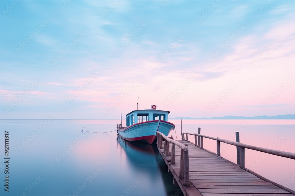 A serene boat docked at a wooden pier, reflecting a tranquil sky at dawn. A serene boat docked at a wooden pier, reflecting a tranquil sky at dawn.