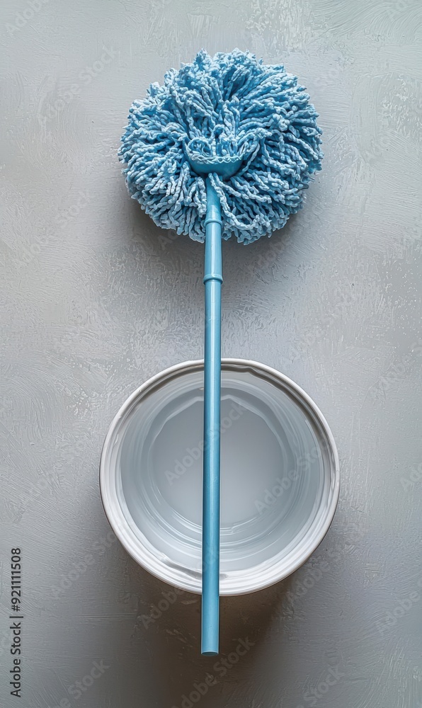 Blue Mop and Bucket on Textured Gray Background Blue Mop and Bucket on Textured Gray Background