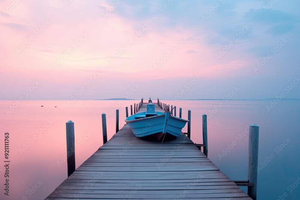 A serene dock at sunset with a boat, reflecting calm waters and pastel skies. A serene dock at sunset with a boat, reflecting calm waters and pastel skies.