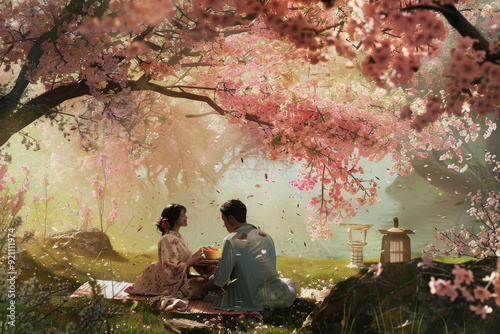 Two individuals in pink dresses relax under a tree filled with pink blossoms, creating a picturesque and tranquil scene, A husband and wife enjoying a picnic in a blooming cherry blossom garden