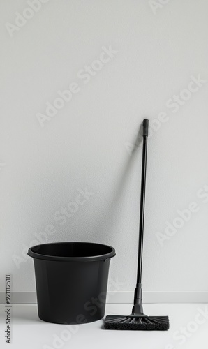 Minimalist Black Mop and Bucket on White Background