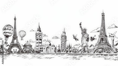 line drawing of famous world landmarks