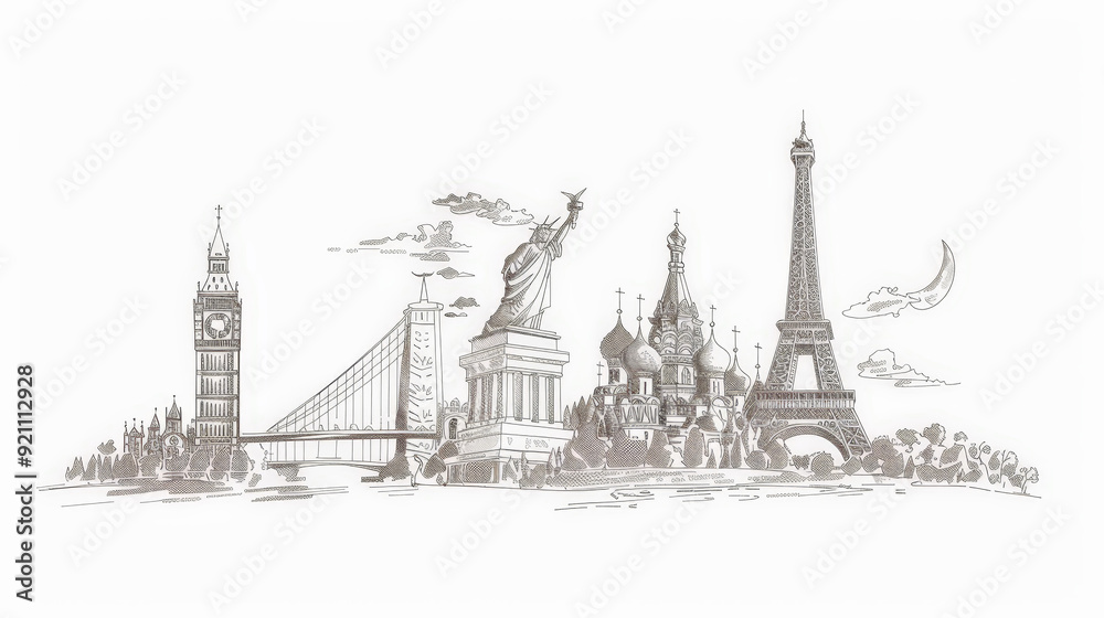 Naklejka premium line drawing of famous world landmarks