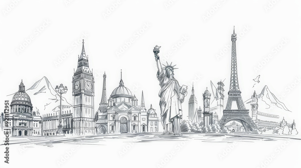 Fototapeta premium line drawing of famous world landmarks