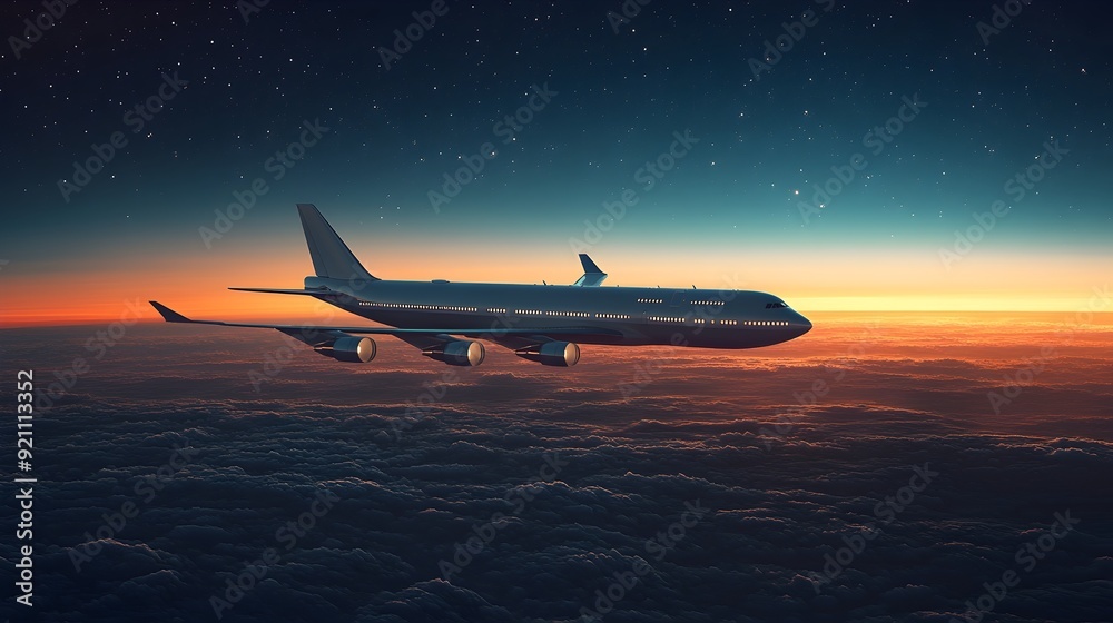 Fototapeta premium modern jetliner soaring through a minimalist sky, with a high-contrast color scheme of deep blues and crisp whites, enhanced by a smooth, textured gradient. national aviation day, travel and aviation