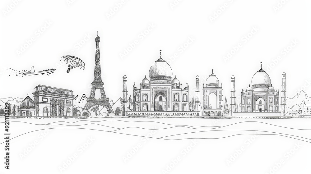 Fototapeta premium line drawing of famous world landmarks