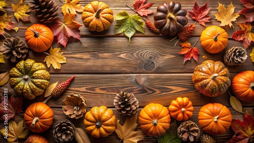 A festive Thanksgiving themed flat lay featuring autumn leaves, pinecones, and decorative pumpkins, blank space