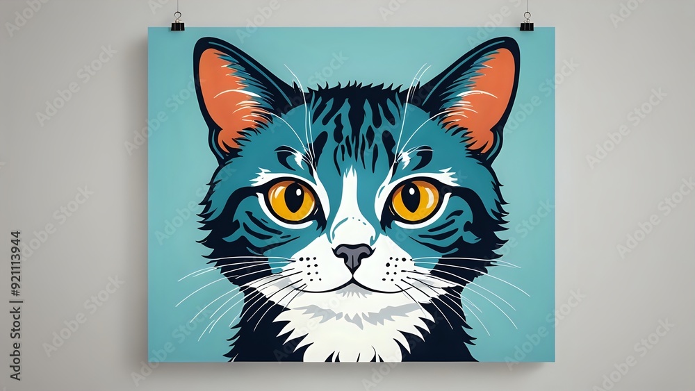 Close-up portrait of a cat with orange ears, white chin, and yellow eyes against a turquoise background. Close-up portrait of a cat with orange ears, white chin, and yellow eyes against a turquoise background.